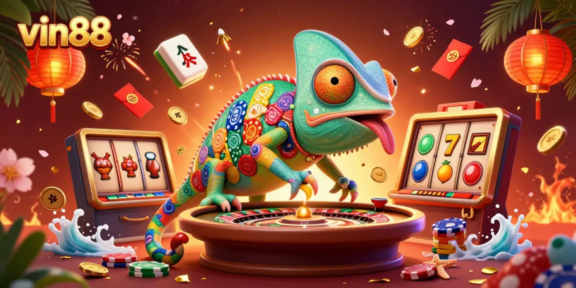 Win big at vin88 with a vibrant illustration of a dynamic casino scene filled with excitement and action.