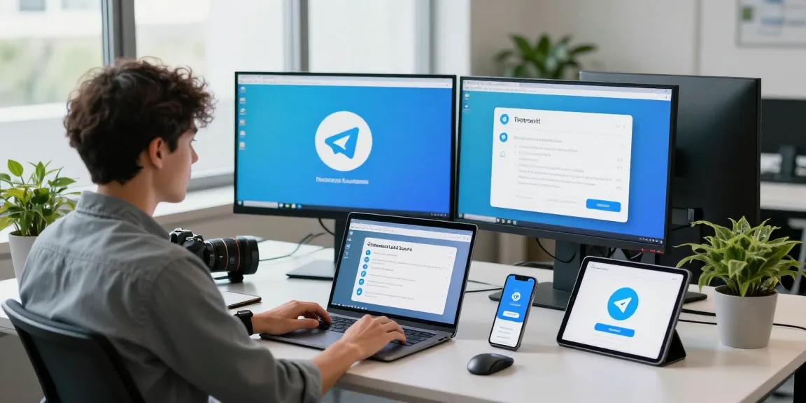 Discover Telegram download on multiple devices in a modern workspace, featuring user interface and productivity tools.