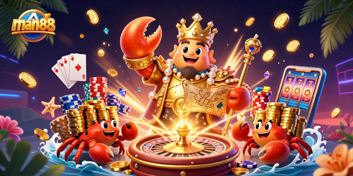 Experience excitement with man88 as a golden crab emperor commands the casino universe!