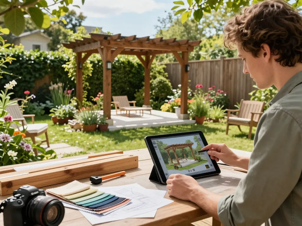 Designer using Pergola Sales Software to configure a custom pergola in a garden.