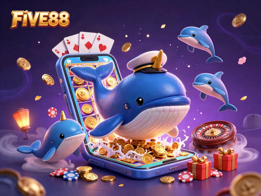 FIVE88 Casino brings joy as a whale breaks through coins, enchanting narwhal and dolphins enhance the excitement.