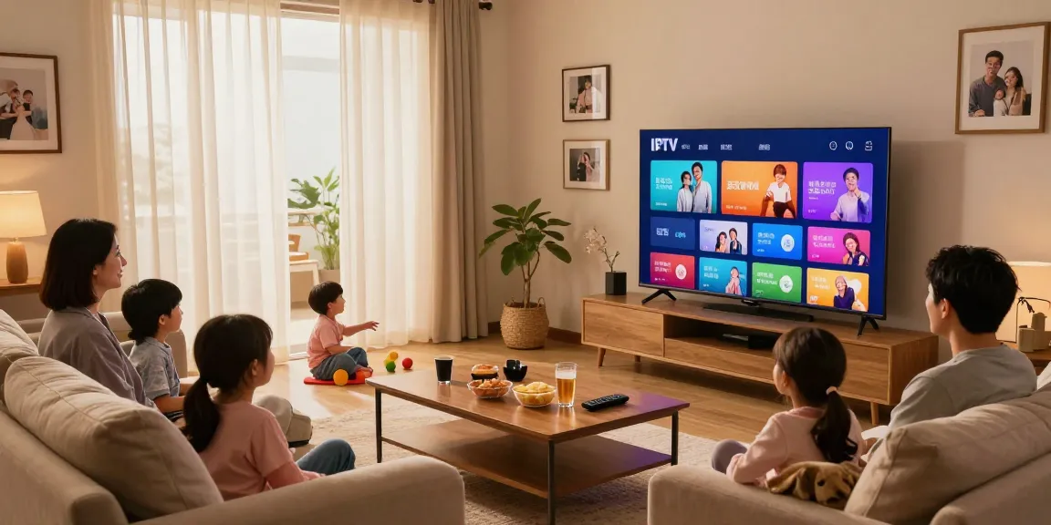 Family enjoying IPTV streaming in cozy living room with 4K smart TV.