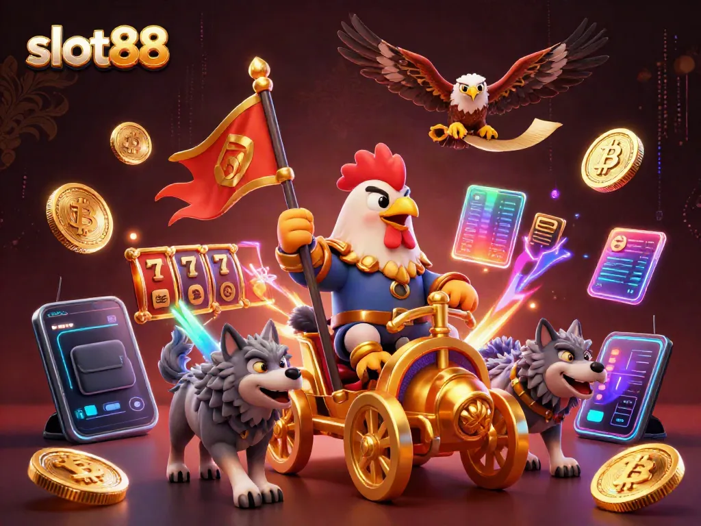 Engage in slot88 gaming excitement with a 3D cartoon rooster warlord centered in a vibrant casino scene.