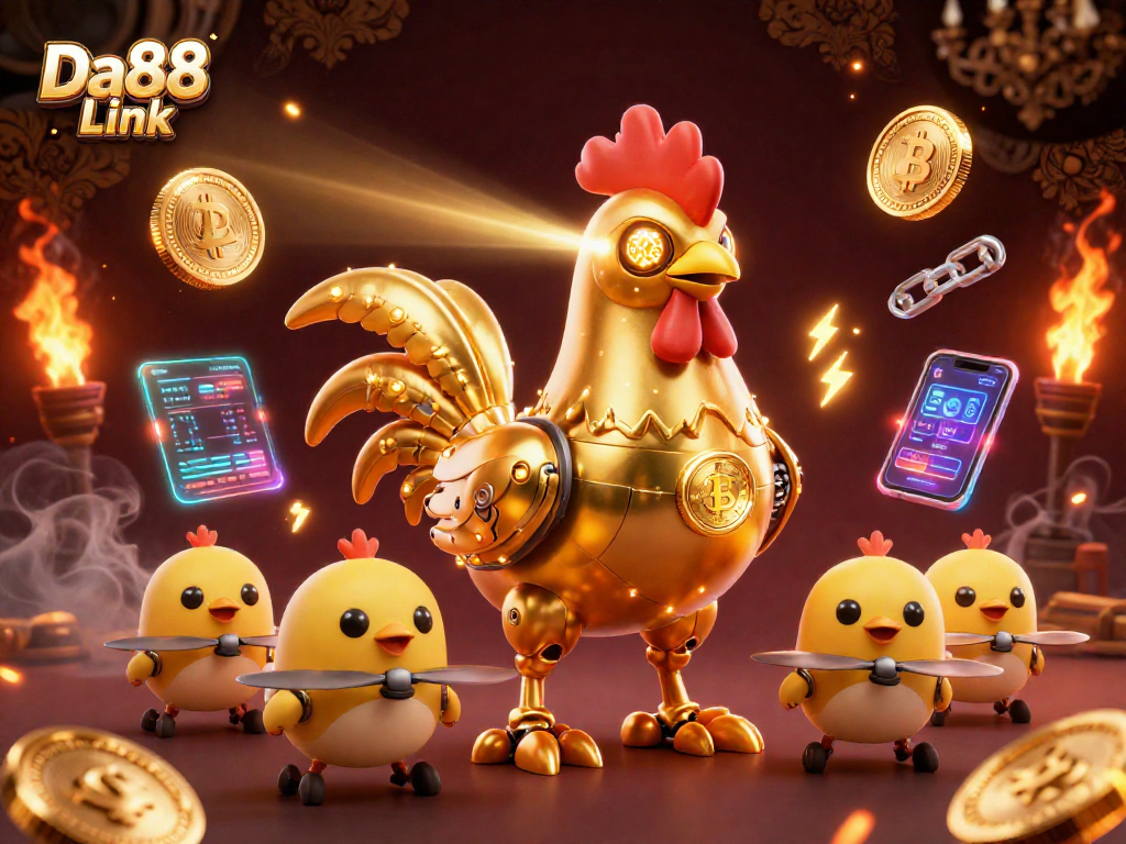 Experience exciting games at Da88 Link with vibrant energy and dynamic elements in a rich 3D casino illustration.