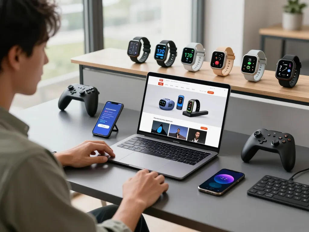 Innovative tech gadgets displayed in a modern workspace with laptop and Bluetooth controller, inspiring creativity