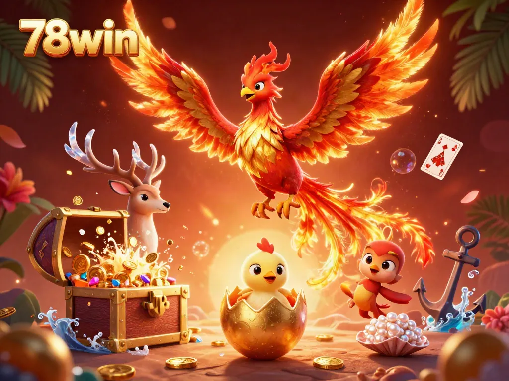 Engage in thrilling gaming at 78win with a vibrant illustration of a legendary phoenix scene packed with casino elements.
