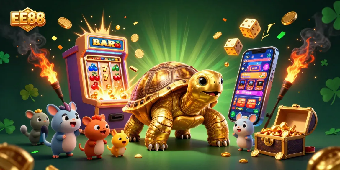 EE88 captivates players with a colossal tortoise pinball machine, vibrant slots, and golden treasures.