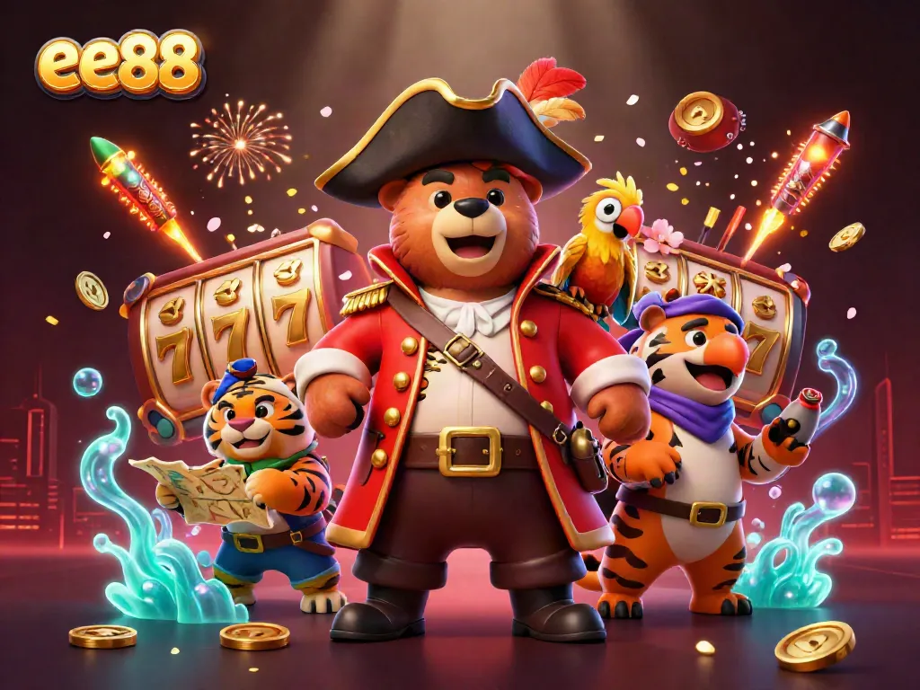 Experience excitement with ee88's colorful casino scene featuring a pirate bear and tiger amidst thrilling game elements.