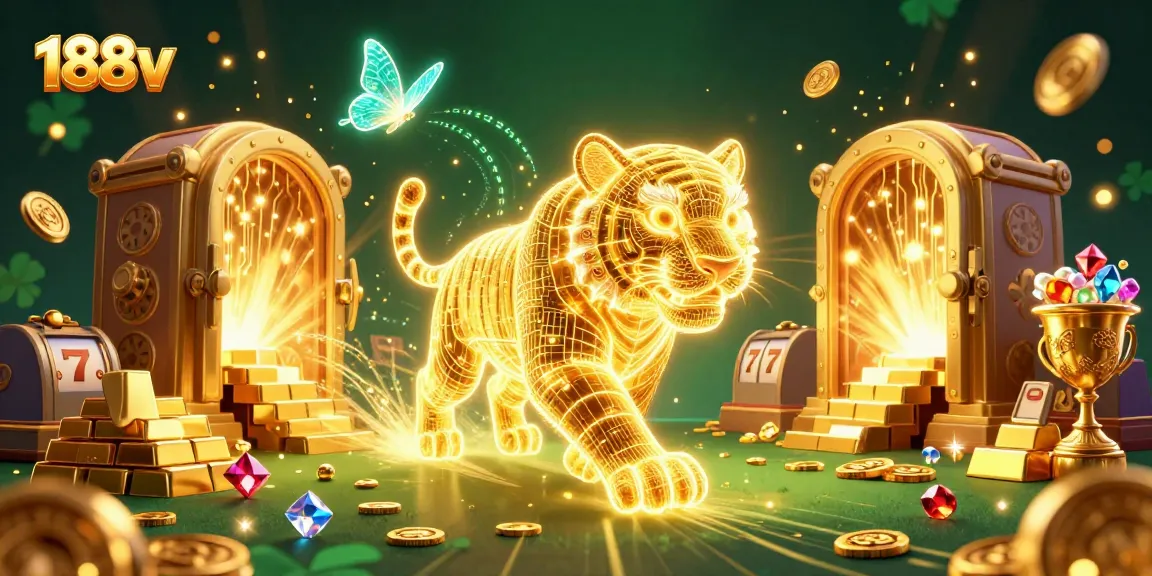 Experience the thrills of 188v with a vibrant casino scene featuring a golden tiger and dynamic slot elements.