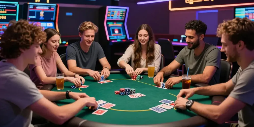 Friends enjoying an online gambling experience at https://fc88v1.com/ with vibrant casino atmosphere and poker game.