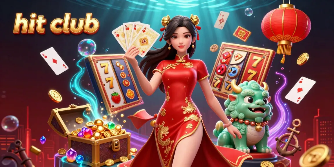 Hit club offers a lively casino experience with vibrant scenes, slot reels, and golden playing cards.