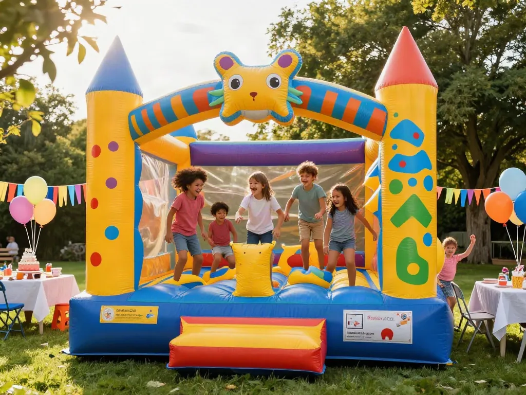 Children joyfully bouncing in a colorful bounce house during a sunny outdoor party.