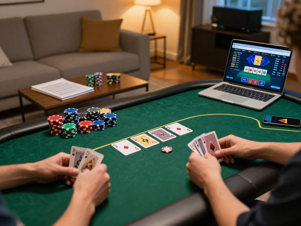 Experience thrilling gameplay on bom88 with dynamic poker strategies showcased in a cozy home setting.