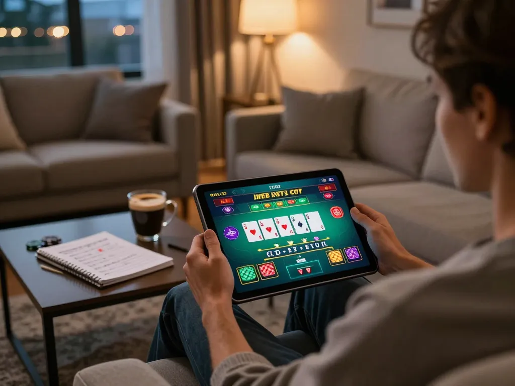Người chơi LUCK8 tham gia trò blackjack với người chia bài trực tiếp trên máy tính bảng trong không gian ấm cúng tại nhà.