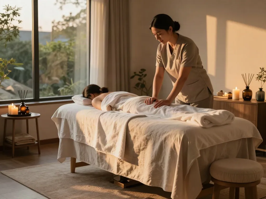 Relaxing home massage setting showcasing 구리출장마사지 experience with natural light and soothing elements.