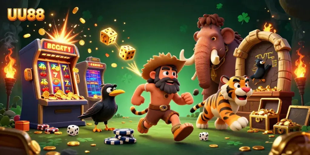 Experience a vibrant prehistoric casino scene with UU88 showcasing a caveman, sabertooth tiger, and crow amidst jackpots.