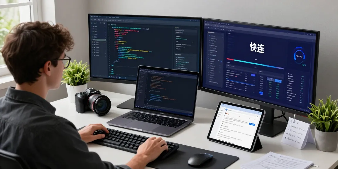 Focused professional demonstrating 快连 network performance analytics in a modern workspace.