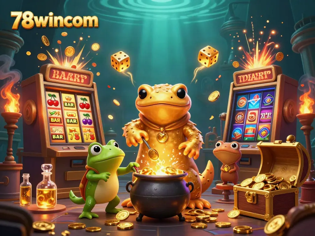 Experience the magic of 78wincom as golden coins flow from a giant salamander alchemist, creating excitement and winnings.