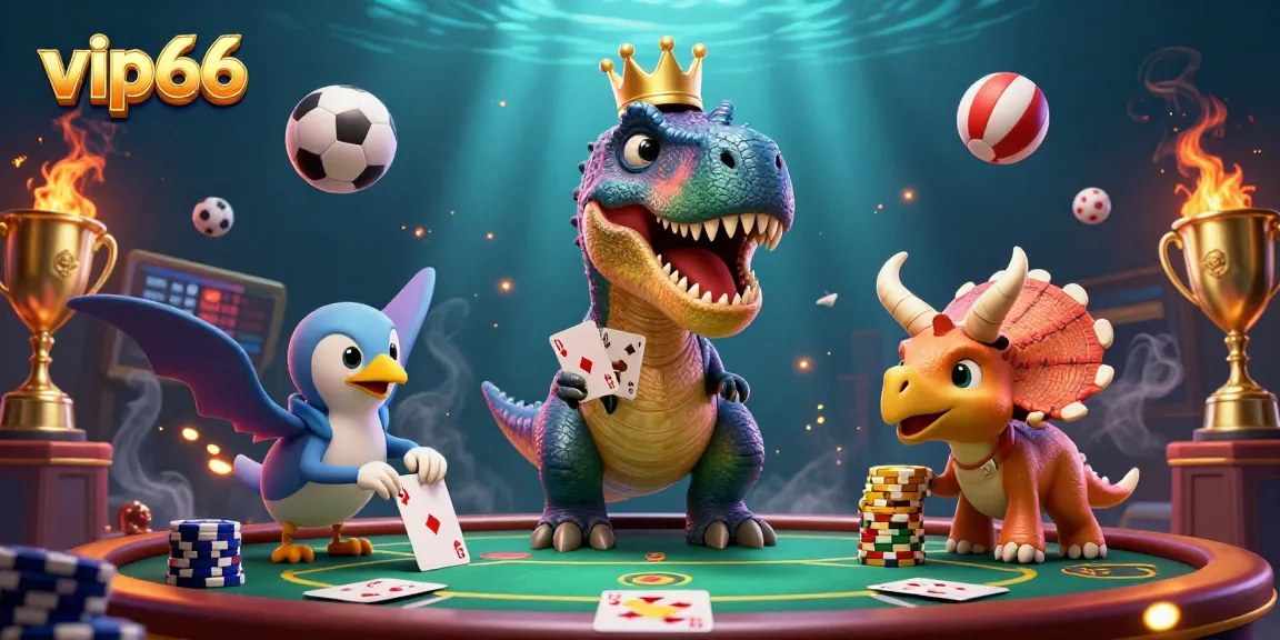 Enjoy thrilling games like poker and slots at vip66 with a vibrant, animated T-Rex dealer and fun elements.