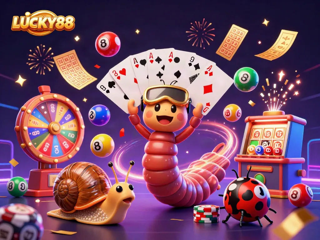 LUCKY88 comes alive in this animated scene of excitement, cards, and jackpot thrills.