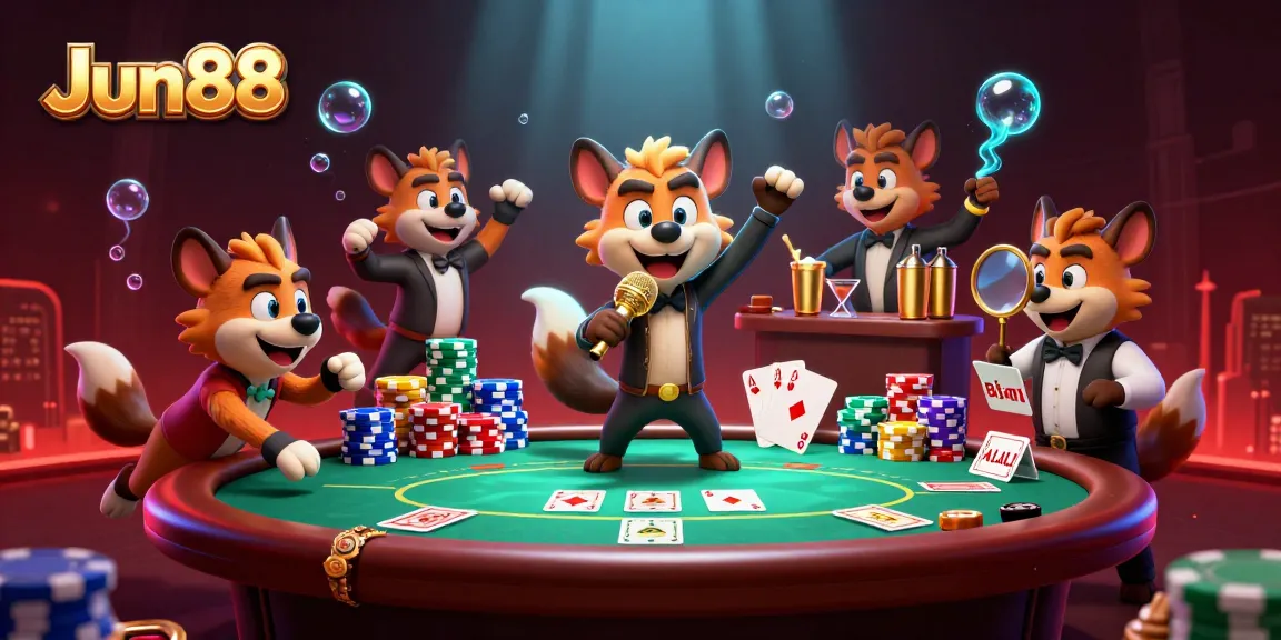 Jun88 hyena comedians entertain at a casino with action-packed gaming elements.