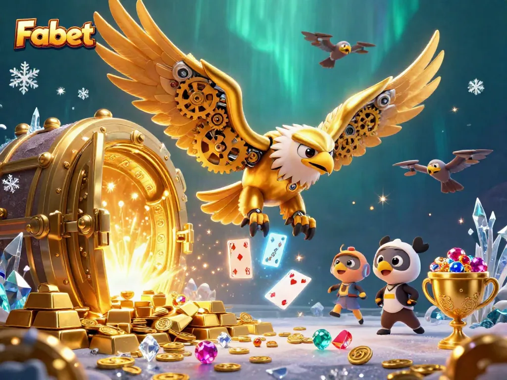 Fabet offers a thrilling online gaming experience with a cybernetic golden eagle amidst dazzling casino treasures.