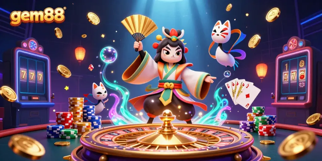 Engage with gem88's vibrant casino scene featuring dynamic games, iconic characters, and immersive decorations.