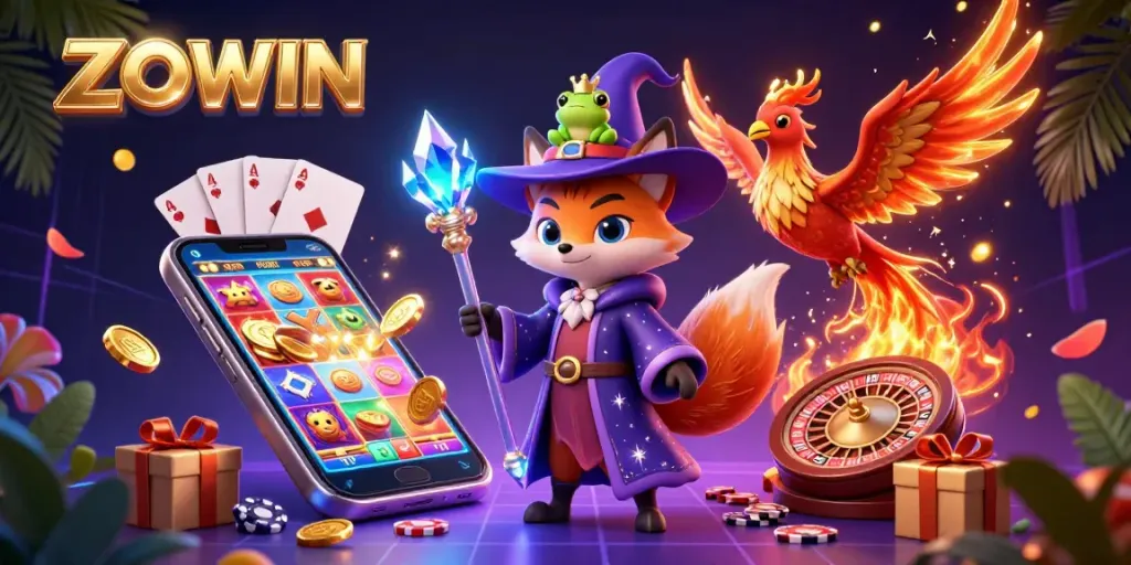 ZOWIN invites players to spin slots in a vibrant 3D casino scene filled with golden coins.