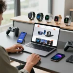 Innovative tech gadgets displayed in a modern workspace with laptop and Bluetooth controller, inspiring creativity