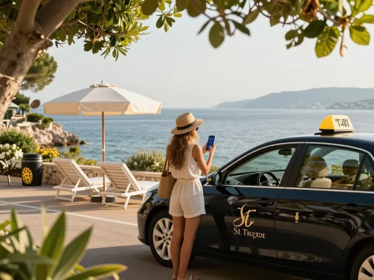 Trajet en Taxi St Tropez avec un voyageur élégant surplombant la vue méditerranéenne.