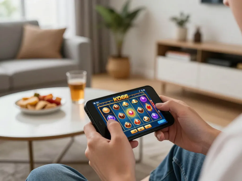 Giao diện của ứng dụng casino KO66 trên điện thoại thông minh, trình bày các trò chơi slot đầy màu sắc trong một không gian ấm cúng tại nhà.