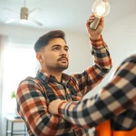 Electricians in Vancouver installing lighting fixtures in a modern home.