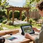 Designer using Pergola Sales Software to configure a custom pergola in a garden.