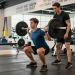 Anabolika Shop Deutschland mit einem motivierten Sportler im Training in einem lebhaften Fitnessstudio, Kniebeugen mit der Langhantel, die Hingabe zum Muskelaufbau veranschaulichen.