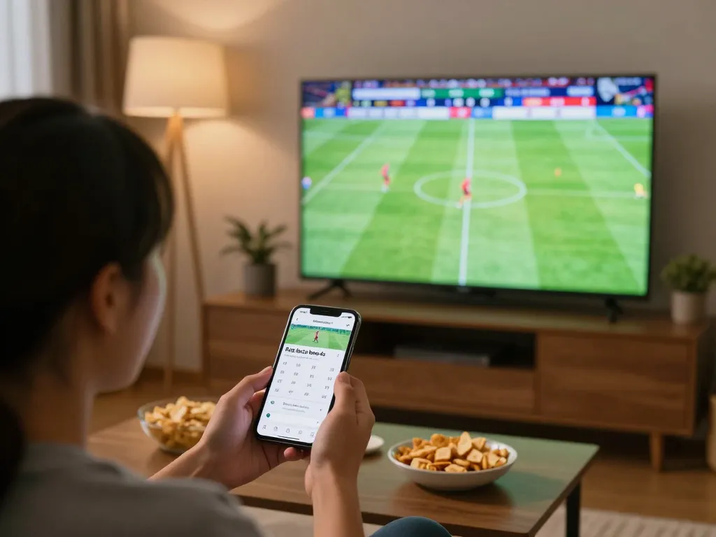 Viewing Kết quả bóng đá on a mobile app while watching a football match at home.