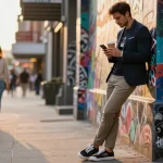 Stylish man showcasing contemporary men's fashion in urban setting, blending modern styles and street culture.