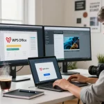 WPS Download in a modern home office with a young professional focused on productivity.