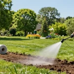 Hydroseeding Ottawa process in a green landscape with technician applying eco-friendly seed mixture.