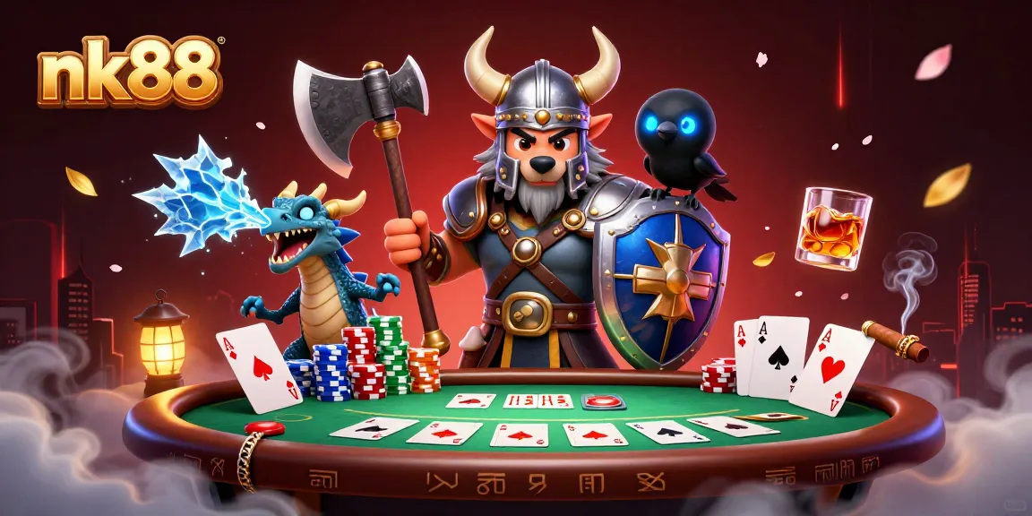 nk88 poker scene featuring a Viking warrior, ice dragon, and raven amidst vibrant casino elements