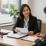 Brampton notary public assisting clients in a professional office setting with documents and legal tools.