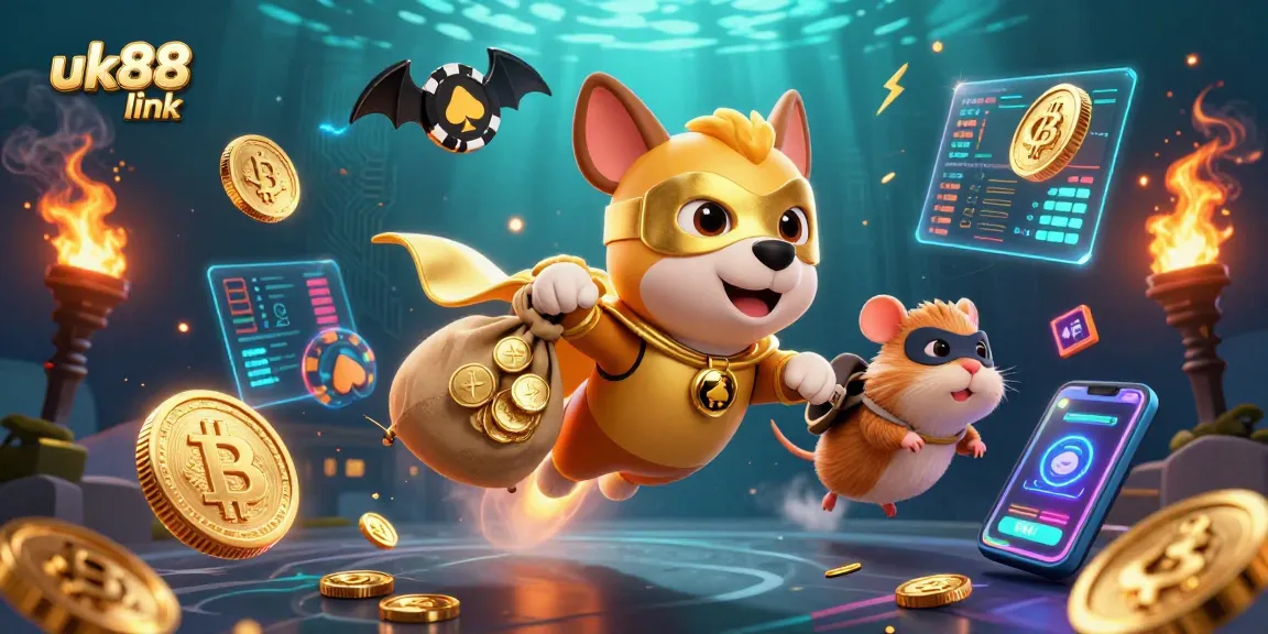 Join the fun with the uk88 link in a vibrant casino scene featuring a superhero dog and crypto coins.