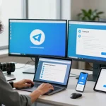 Discover Telegram download on multiple devices in a modern workspace, featuring user interface and productivity tools.