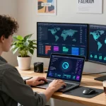 快连 software user analyzing high-speed internet performance in a modern home office.