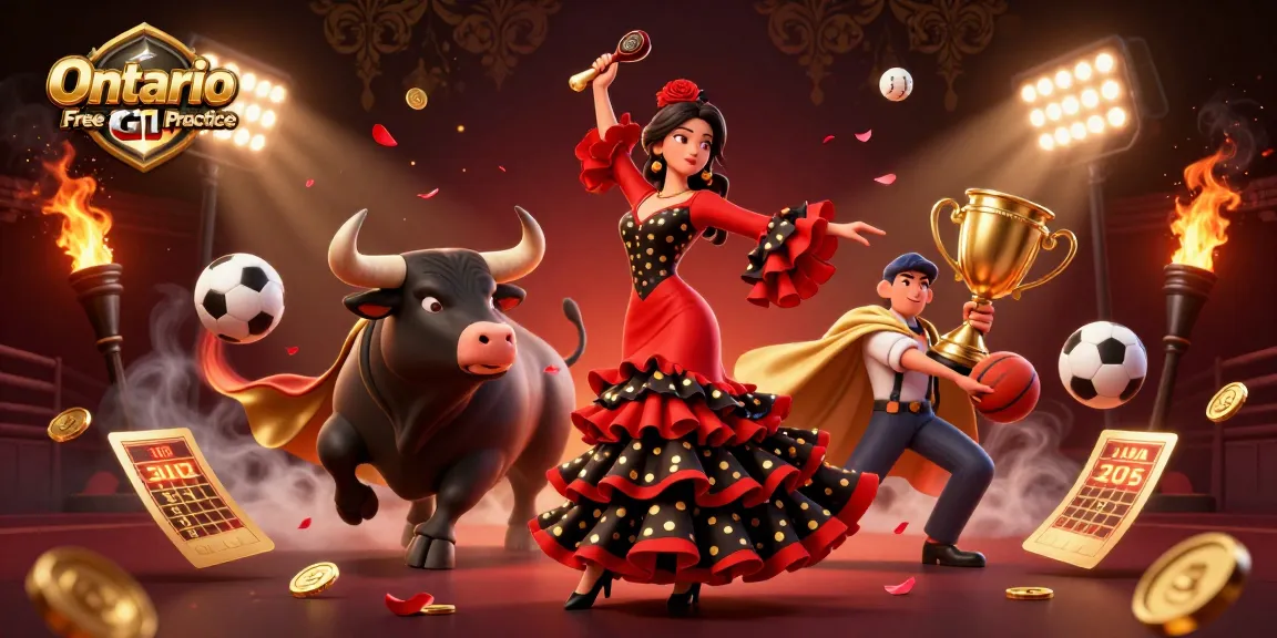 Engage with the Ontario Free G1 Practice elements through a dynamic and vibrant 3D illustration featuring sports themes.