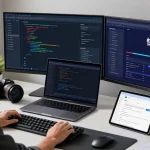 Focused professional demonstrating 快连 network performance analytics in a modern workspace.