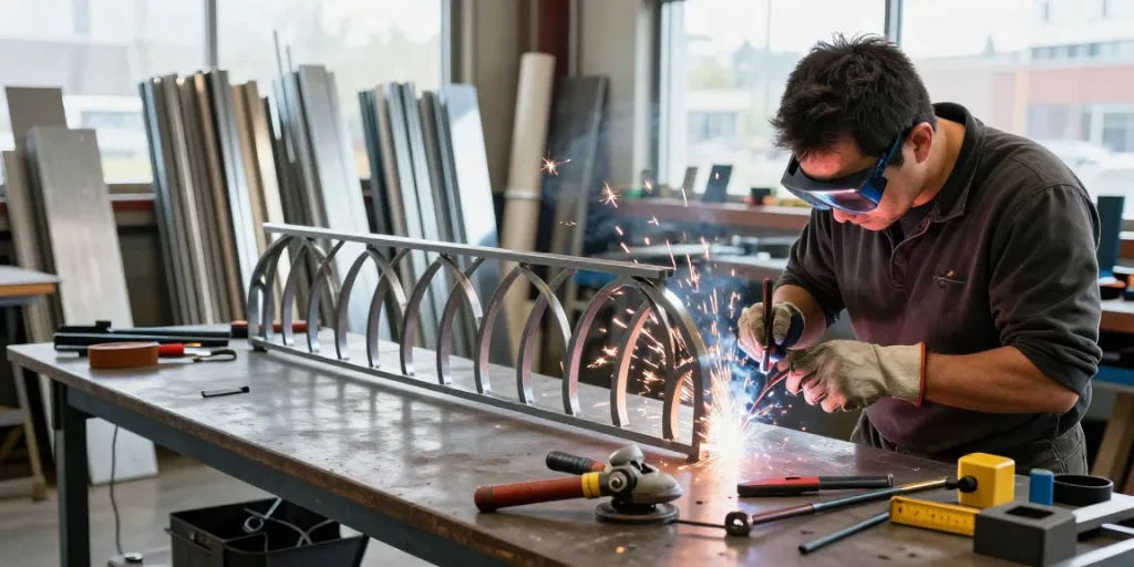 Custom metalwork Vancouver expert welding a decorative railing in a bright workshop.