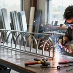 Custom metalwork Vancouver expert welding a decorative railing in a bright workshop.