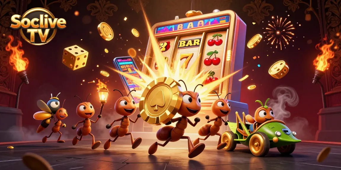 Watch Socolive TV featuring ants in a heist carrying a golden poker chip among dazzling slots and casino elements.