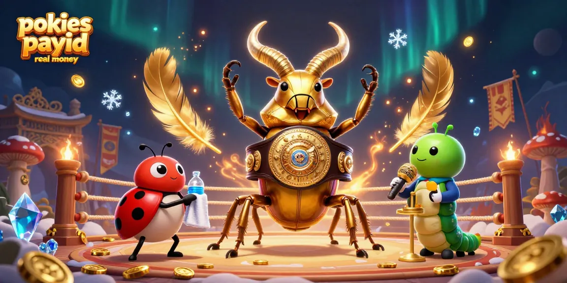 Engage in pokies payid real money with dynamic scenes of a giant beetle champion in a casino arena.