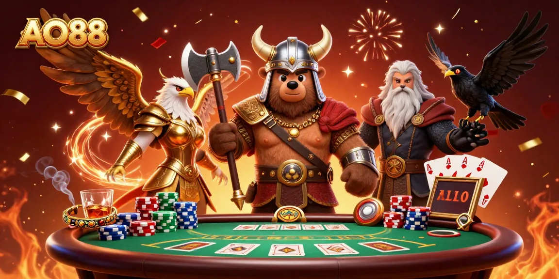 Engage in thrilling gameplay at AO88 with a Viking berserker and Valkyrie eagle amid poker riches and vibrant celebrations.